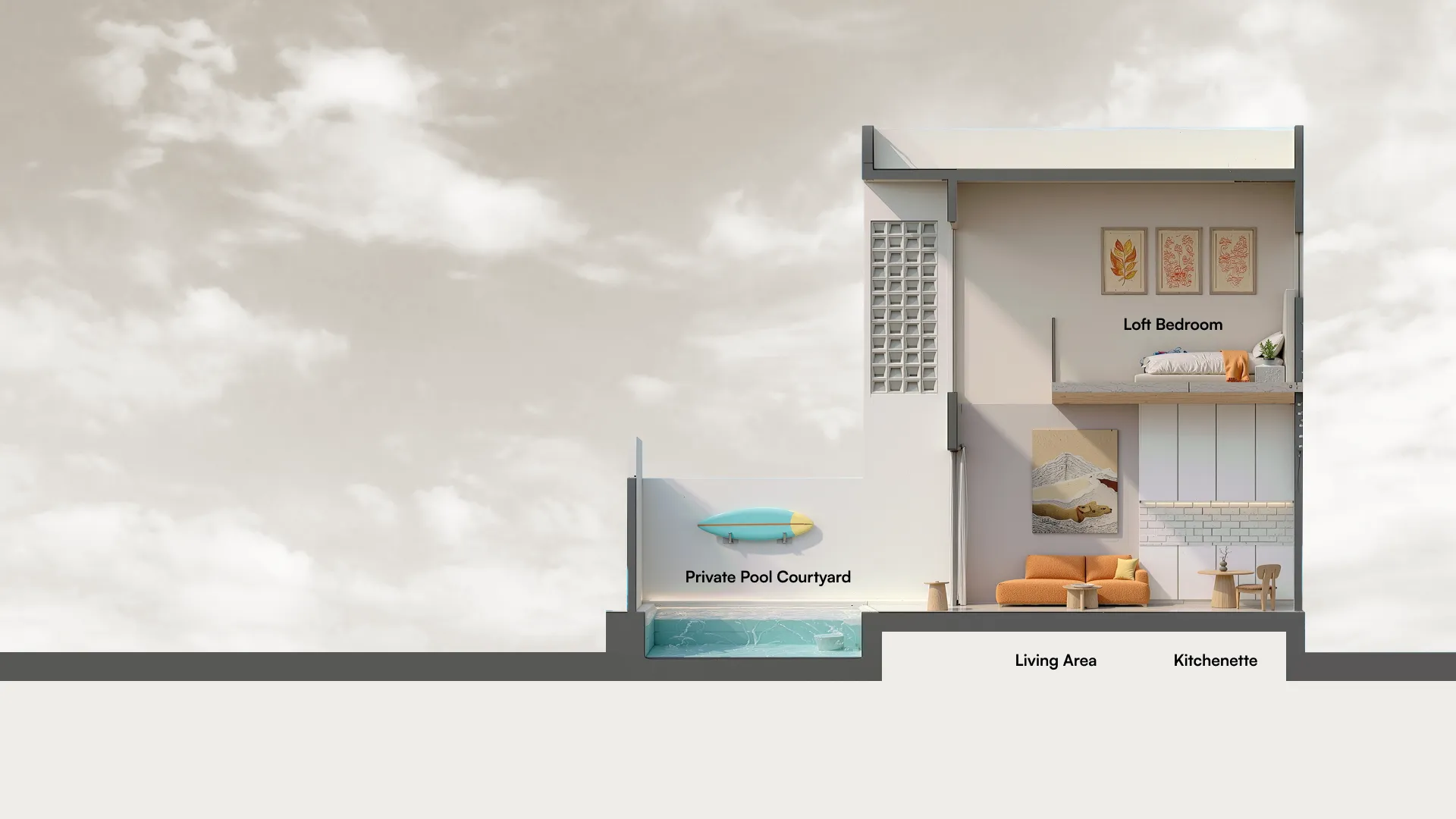 Aether Loft Villa Side View Floor Plan – G layout with private pool, living area, kitchenette, and loft bedroom